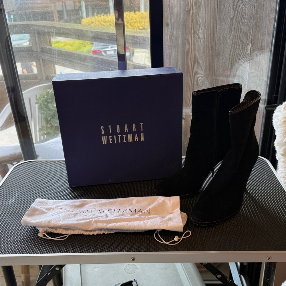 Stuart Weitzman Black Suede Ankle Boots with tortoise detail around toe
Bag too